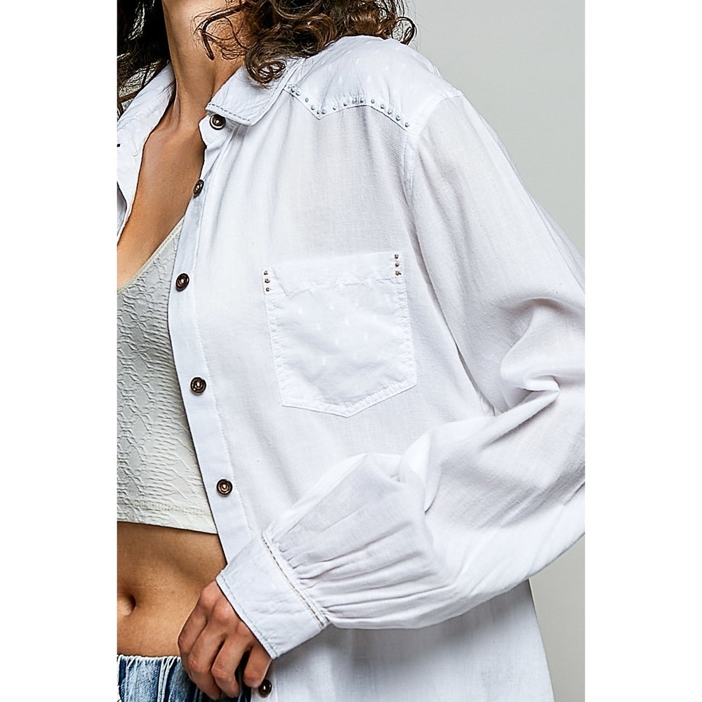 POL Washed Textured Cotton Western Button Front Shirt - Off White - Small - Picture 6 of 6